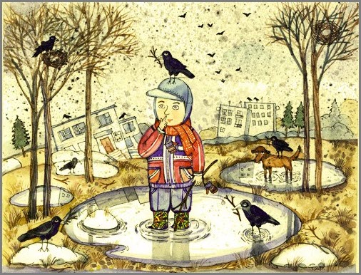 Мальчик в луже и грачи