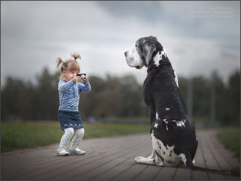 Девочка фотографирует пса